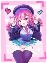 Rule 34 | 1girl, :3, absurdres, banchou, belt, beret, blush, breasts, buro (muse dash), chromatic aberration, clothes lift, cowboy shot, delinquent, double v, fang, glitter, hat, heart, highres, jacket, long hair, looking at viewer, masakiman1125, medium breasts, microphone, muse dash, necktie, open mouth, panties, pink eyes, pink hair, pink neckwear, pixel heart, pleated skirt, skirt, skirt lift, smile, striped clothes, striped panties, tareme, thigh gap, thighhighs, underwear, v, vest, wide hips, wing collar