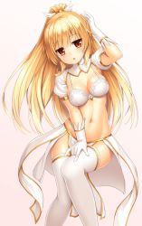 Rule 34 | 1girl, blonde hair, bra, breasts, brown eyes, chestnut mouth, cleavage, dress, elbow gloves, gloves, hair ornament, highres, lambda (kusowarota), long hair, looking at viewer, medium breasts, nanaly (sennen sensou aigis), navel, open mouth, pelvic curtain, ponytail, puffy short sleeves, puffy sleeves, red dress, revealing clothes, sennen sensou aigis, short sleeves, showgirl skirt, solo, thighhighs, underwear, very long hair, white bra, white gloves, white thighhighs