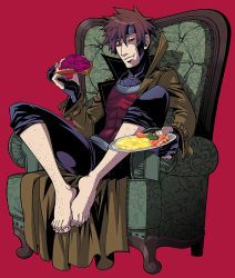Rule 34 | 1boy, animification, barefoot, body hair, brown hair, chair, coat, eating, facial hair, feet, fingerless gloves, food, full body, gambit, gloves, hairy legs, jpeg artifacts, leg hair, male focus, marvel, red eyes, simple background, solo, stubble, togatsuko, trench coat, x-men