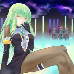 Rule 34 | 1girl, 3boys, breasts, dress, elbow gloves, emeraude (tales of graces), eyepatch, frills, gloves, green hair, multiple boys, open mouth, pants, pantyhose, purple hair, tales of (series), tales of graces, yellow eyes