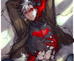 Rule 34 | 2boys, abs, arms up, batman (series), black hair, blue eyes, bodysuit, brown jacket, dc comics, from above, gloves, jacket, jason todd, male focus, multicolored hair, multiple boys, on floor, parted lips, pov, red gloves, smirk, solo focus, torn clothes, two-tone hair, yooani
