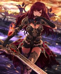Rule 34 | 1girl, cygames, gloves, holding, holding weapon, long hair, official art, red eyes, red hair, scarlet sabreur, shadowverse, sword, weapon