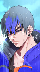 Rule 34 | 1boy, alternate hairstyle, animification, artist name, black eyes, black hair, black shirt, blue hair, blue jacket, collarbone, earrings, frown, jacket, jewelry, looking to the side, male focus, meteolance, multicolored hair, portrait, shirt, solo, streaked hair, v-shaped eyebrows, valorant, water, yoru (valorant)