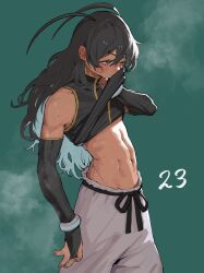 Rule 34 | 1boy, absurdres, bare shoulders, black hair, bridal gauntlets, bukimi isan, character request, clothes lift, from side, green background, grey pants, highres, long hair, male focus, meng long, navel, pants, shiny skin, shirt lift, shy (series), simple background, solo, steam, stomach, sweat