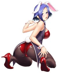 Rule 34 | 1girl, animal ears, ass, blue eyes, blue hair, blush, breasts, casino, commentary, earrings, fake animal ears, female focus, high heels, highres, indoors, jewelry, kneeling, leotard, lineart, looking at viewer, looking back, lovina (taimanin asagi battle arena), medium breasts, official art, open mouth, pantyhose, playboy bunny, rabbit ears, rabbit tail, short hair, simple background, solo, tail, taimanin (series), taimanin asagi kessen arena, wrist cuffs, zol