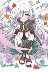 Rule 34 | absurdres, anemone (princess connect!), armor, brown gloves, closed mouth, ebian (ebiangames), flower, flower over eye, gloves, green eyes, highres, long hair, princess connect!, shoulder armor, sitting, smile, thorns, toeless footwear, very long hair, white hair