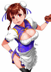 Rule 34 | 1girl, apron, breasts, brown hair, china dress, chinese clothes, cleavage, cleavage cutout, clothing cutout, cup, double bun, dress, hair bun, hair ribbon, hand on own ass, highres, large breasts, looking at viewer, lulu-chan92, maid apron, original, patterned clothing, puffy short sleeves, puffy sleeves, red eyes, ribbon, short sleeves, solo, teacup, teapot, thighhighs, watermark, white background