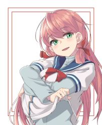 Rule 34 | 1girl, akashi (kancolle), bad id, bad pixiv id, blue sailor collar, bow, clothes lift, green eyes, hair ribbon, kantai collection, long hair, long sleeves, looking at viewer, open mouth, pink hair, red bow, ribbon, sailor collar, sailor shirt, school uniform, shirt, shirt lift, solo, tiasis, tress ribbon, twintails, undressing, upper body, white background