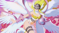 Rule 34 | angel, angel wings, angemon, angewomon, aquilamon, asymmetrical clothes, bare shoulders, belt, black belt, blonde hair, boots, breasts, cleavage, closed mouth, clothing cutout, covered eyes, cowboy shot, detached sleeves, digimon, digimon (creature), dress, feathered wings, fingernails, floating hair, gloves, green sleeves, hagoromo, hand on own chest, hat, helmet, helmet over eyes, high heel boots, high heels, highres, holding, holding staff, ladydevimon, lilimon, long hair, medium breasts, multiple wings, navel, navel cutout, o-ring, o-ring belt, outstretched arm, pink background, pink dress, pink nails, plant, rae (hexedwithluck), shawl, sidelocks, skull, smile, solo focus, staff, thigh belt, thigh strap, vines, white footwear, white gloves, white wings, winged helmet, wings, wizard hat, wizarmon, wrist wings
