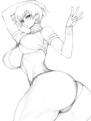 Rule 34 | 1girl, armlet, ass, ass focus, bare shoulders, bikini, blue eyes, breasts, curvy, elena (street fighter), fumio (rsqkr), huge ass, jewelry, large breasts, lips, looking at viewer, looking back, monochrome, neck ring, necklace, short hair, sketch, solo, street fighter, street fighter iii (series), swimsuit, toned, twisted torso, white hair