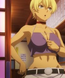 Rule 34 | 10s, 1girl, bare shoulders, belt, blonde hair, breasts, choker, cleavage, curvy, female focus, green eyes, highres, large breasts, midriff, mito ikumi, navel, open mouth, screencap, shokugeki no souma, short hair, solo, standing, stitched, third-party edit, wide hips