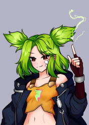 Rule 34 | absurdres, bandaid, bandaid on face, blue jacket, brown eyes, brown gloves, electricity, electrokinesis, fingerless gloves, gloves, green hair, hand up, highres, jacket, league of legends, lightning bolt symbol, midriff, navel, open clothes, open jacket, parted bangs, pointing, pointing up, simple background, smug, tank top, twintails, user hkjw2347, yellow tank top, zeri (league of legends)