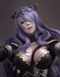 Rule 34 | 1girl, absurdres, breasts, brown background, camilla (fire emblem), fire emblem, fire emblem fates, hair over one eye, highres, horned headwear, horns, john dimayuga, large breasts, lips, long hair, looking at viewer, nintendo, open mouth, photoshop (medium), purple hair, reaching, realistic, red eyes, signature, smile, solo, strap, teeth, tiara