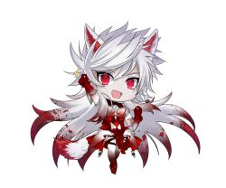 Rule 34 | 1boy, alternate design, alternate hair color, animal ears, blood, blood in hair, blood on clothes, blood on hands, blood stain, chibi, earrings, elbow gloves, fate/grand order, fate (series), full body, gloves, highres, jewelry, long hair, male focus, onasu (sawagani), romulus quirinus (fate), solo, tail, transparent background, very long hair, wolf boy, wolf ears, wolf tail