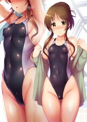 Rule 34 | 1girl, absurdres, armpits, black one-piece swimsuit, blush, breasts, brown eyes, brown hair, collarbone, commentary request, competition swimsuit, covered navel, cowboy shot, gluteal fold, groin, hair bun, highleg, highleg swimsuit, highres, idolmaster, idolmaster cinderella girls, long hair, looking at viewer, ment, multiple views, one-piece swimsuit, parted lips, pool, rei no pool, sideboob, single hair bun, small breasts, swimsuit, swimsuit under clothes, takamori aiko, towel, two-tone swimsuit, wet, wet clothes, wet swimsuit