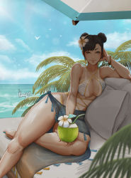 Rule 34 | 1girl, absurdres, beach, beach umbrella, bikini, blue nails, breasts, capcom, chun-li, cleavage, closed mouth, cocktail umbrella, day, feet out of frame, halterneck, highres, jewelry, kumanz, large breasts, lying, nail polish, on side, one-piece tan, outdoors, pina colada, print bikini, sarong, signature, sitting, sky, smile, solo, street fighter, swimsuit, tan, tanline, thighs, toe ring, toenail polish, toenails, umbrella, water