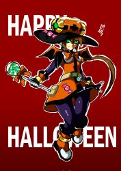 Rule 34 | 1girl, aile (mega man zx), black bodysuit, bodysuit, brown hair, candy, dress, food, green eyes, halloween costume, highres, holding, holding candy, holding food, lautricius, long hair, mega man (series), mega man x (series), mega man x dive, mega man zx, mega man zx advent, orange dress, ponytail, red background, signature, simple background, solo, wings, witch