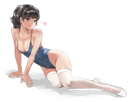 Rule 34 | 1girl, black eyes, black hair, blue one-piece swimsuit, breasts, casual one-piece swimsuit, cleavage, full body, highleg, highleg swimsuit, looking at viewer, medium breasts, one-piece swimsuit, original, ponytail, short hair, simple background, sitting, solo, swimsuit, thighhighs, white background, white footwear, white thighhighs, yokozuwari, zhuxiao517