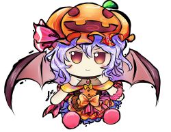 Rule 34 | 1girl, bare shoulders, bat wings, blue dress, blush, bow, brooch, buttons, chibi, choker, commentary, dress, dress bow, english commentary, full body, fumo (doll), hair between eyes, halloween, halloween costume, hat, highres, jack-o&#039;-lantern, jewelry, layered dress, lis (lislisette), looking at viewer, mob cap, multicolored clothes, multicolored dress, no nose, official style, orange bow, orange dress, orange hat, outline, pink dress, pink footwear, pink wristband, pumpkin, pumpkin hat, pumpkin print, purple hair, red eyes, ribbon, scrunchie, signature, simple background, smile, solo, sunken fossil world, tokiame (style), touhou, touhou lostword, white background, wings, wrist scrunchie
