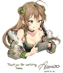 Rule 34 | 1girl, :q, ahoge, anmi, artist name, black gloves, bow, breasts, brown hair, choker, cleavage, cropped, dated, double bun, fingerless gloves, fur trim, girls&#039; frontline, gloves, green eyes, hair between eyes, hair bow, half updo, handheld game console, highres, long hair, long sleeves, medium breasts, off shoulder, rfb (girls&#039; frontline), signature, single glove, smile, solo, strap slip, thank you, third-party edit, tongue, tongue out, upper body