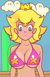 Rule 34 | 1girl, :o, animated, animated gif, bikini, bikini top only, blonde hair, bouncing breasts, breasts, catoblepas, cleavage, coin, crown, large breasts, mario (series), nintendo, princess peach, shiny skin, swimsuit