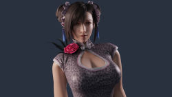 Rule 34 | 1girl, 3d, animal print, blender (medium), breasts, brown eyes, brown hair, china dress, chinese clothes, cleavage cutout, clothing cutout, dress, final fantasy, final fantasy vii, final fantasy vii remake, highres, large breasts, leopard print, official alternate costume, solo, square enix, tifa lockhart, wall market