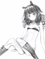Rule 34 | 1girl, absurdres, animal ears, bare arms, bare shoulders, blunt bangs, blush, boots, diamond hairband, flat chest, greyscale, highres, hololive, hololive english, knee boots, knees together feet apart, long hair, looking at viewer, mole, mole under eye, monochrome, nanashi (nlo), ninomae ina&#039;nis, simple background, sitting, solo, stomach, virtual youtuber, wavy hair