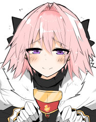 Rule 34 | 1boy, armor, astolfo (fate), black bow, black ribbon, blush, bow, cape, commentary request, fang, fate/apocrypha, fate (series), fur trim, gauntlets, hair intakes, hair ribbon, half-closed eyes, highres, male focus, multicolored hair, pink hair, purple eyes, ribbon, simple background, sketch, smile, solo, streaked hair, takasaki aneki, trap, white background, white hair