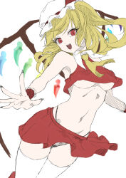 Rule 34 | 0002koko, 1girl, absurdres, ascot, blonde hair, breasts, crop top, fang, flandre scarlet, hat, highres, looking at viewer, medium breasts, mob cap, open mouth, red eyes, side ponytail, simple background, smile, solo, thighhighs, touhou, underboob, white background, white thighhighs, yellow ascot