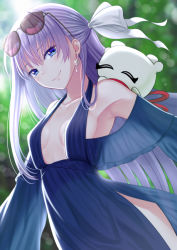 Rule 34 | 1girl, armpits, bare shoulders, blue dress, blue eyes, breasts, closed mouth, cowboy shot, creature, creature on shoulder, day, dress, dutch angle, earrings, eyewear on head, fate/grand order, fate (series), glint, hair ribbon, jewelry, long hair, long sleeves, looking at viewer, meltryllis (fate), mizunashi hayate, on shoulder, outdoors, pelvic curtain, purple hair, ribbon, small breasts, smile, solo, sunglasses, sunlight, very long hair, white ribbon