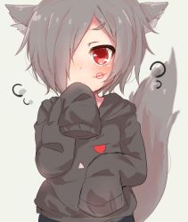 Rule 34 | 1girl, animal ears, bad id, bad nicoseiga id, blush, character request, copyright request, fox ears, fox tail, grey hair, hair over one eye, looking at viewer, red eyes, renoa yu, short hair, sleeves past wrists, solo, tail