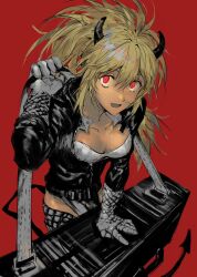 Rule 34 | 1girl, black horns, black jacket, blonde hair, breasts, cleavage, demon horns, demon tail, dorohedoro, gloves, grey gloves, highres, horns, jacket, medium breasts, nikaidou (dorohedoro), open mouth, red background, red eyes, satou koromi, smile, solo, tail