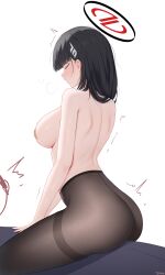 Rule 34 | 1girl, absurdres, ass, back, black hair, black pantyhose, blue archive, blush, breasts, breath, closed eyes, doraski, hair over shoulder, halo, highres, large breasts, long hair, pantyhose, pasties, rio (blue archive), sideboob, simple background, solo, straddling, topless, trembling, white background