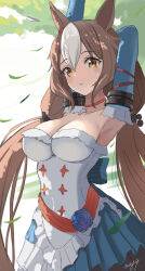 Rule 34 | 1girl, animal ears, arm behind head, arm up, blush, breasts, brown hair, cleavage, detached sleeves, dress, highres, horse ears, layered dress, long hair, looking at viewer, low twintails, may9, medium breasts, multicolored hair, parted lips, signature, solo, stretching, twintails, two-tone hair, umamusume, unfinished, upper body, yamanin zephyr (umamusume), yellow eyes