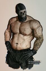 Rule 34 | 1boy, arm tattoo, bara, black gloves, black pants, call of duty, call of duty: modern warfare 2, ghost (modern warfare 2), gloves, hands on own hips, highres, large pectorals, male focus, mask, muscular, muscular male, navel, nipples, pants, pectorals, scar, scar on arm, scar on chest, simple background, skull mask, solo, tattoo, topless male, twitter username, umikochannart