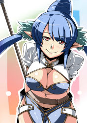 Rule 34 | 00s, 1girl, blue hair, breasts, cleavage, highres, judith (tales), large breasts, leaning forward, midriff, pointy ears, red eyes, smile, solo, tales of (series), tales of vesperia, tukiwani