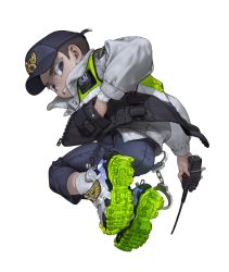 Rule 34 | 1boy, absurdres, black hat, black pants, blue eyes, brown hair, child, cuffs, from behind, hand in pocket, handcuffs, hat, highres, jacket, long sleeves, looking at viewer, looking back, male focus, original, pants, parted lips, police, police uniform, shoes, short hair, simple background, socks, solo, tto ja, uniform, white background