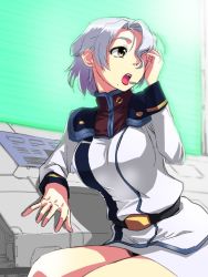 Rule 34 | 1girl, belt, breasts, brown eyes, hair over one eye, headset, large breasts, lipstick, macross, macross 7, makeup, miniskirt, mole, mole under mouth, moxyan, open mouth, red lips, sally ford, ship interior, short hair, sitting, skirt, solo, teeth, thighhighs, uniform, white hair, zettai ryouiki