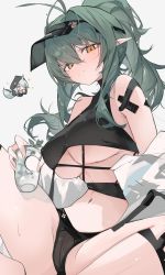 Rule 34 | 2girls, ahoge, arknights, armpit crease, bare shoulders, bikini, black bikini, blush, breasts, chibi, closed mouth, clothing request, covered erect nipples, covering own mouth, cup, floating hair, gavial (arknights), green hair, grey background, groin, hair between eyes, hair ornament, hair over one eye, hairclip, hat, highres, holding, holding cup, hood, hoodie, large breasts, light smile, long hair, looking at viewer, midriff, mikozin, multiple girls, navel, pointy ears, ponytail, sidelocks, simple background, sitting, slit pupils, sparkle, sweat, swimsuit, thighs, tomimi (arknights), underboob, visor cap, yellow eyes