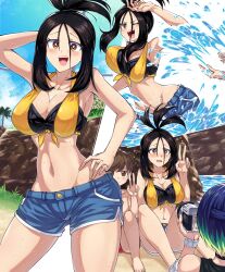 Rule 34 | 1boy, 2girls, black hair, blue hair, blue shorts, blush, breasts, brown eyes, brown hair, camera, cleavage, collarbone, creatures (company), dendra (pokemon), denim, denim shorts, florian (pokemon), game freak, hand on own hip, highres, holding, holding camera, large breasts, long hair, looking at viewer, multiple girls, multiple views, navel, nintendo, one eye closed, open mouth, outdoors, perrin (pokemon), pokemon, pokemon sv, shimure (460), short shorts, shorts, sitting, smile, standing, stomach, swimsuit, teeth, thighs, tongue, upper teeth only, v, water, wet