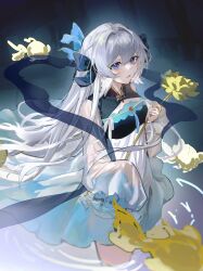 Rule 34 | 1girl, absurdres, arknights, black bow, blue eyes, bow, breasts, chaowuwanjiushui, dress, flower, grey hair, hair between eyes, hair bow, highres, holding, holding flower, long hair, long sleeves, looking at viewer, medium breasts, mulberry (arknights), parted lips, ripples, sleeves past fingers, sleeves past wrists, solo, standing, very long hair, wading, water, white dress, yellow flower