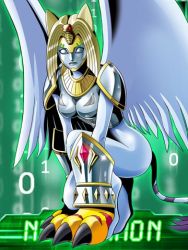 Rule 34 | 1girl, animal ears, armor, cat ears, cat tail, claws, digimon, digimon (creature), digimon collectors, female focus, gauntlets, kneeling, lowres, mask, monster girl, nefertimon, official art, shoulder pads, solo, sphinx, tail, wings