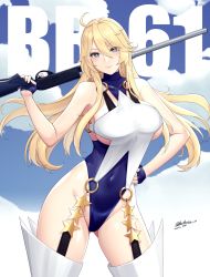 Rule 34 | alternate costume, blonde hair, blue eyes, blue gloves, blue leotard, blue sky, boots, breasts, character name, cloud, fingerless gloves, gloves, gun, highres, iowa (kancolle), kantai collection, large breasts, leotard, odachu, pump action, remington 870, rifle, shotgun, sky, star-shaped pupils, star (symbol), symbol-shaped pupils, thigh boots, thighhighs, weapon, white thighhighs