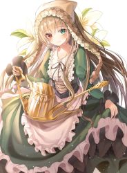 Rule 34 | 1girl, apron, bad id, bad twitter id, blush, brown hair, closed mouth, collarbone, green eyes, heterochromia, highres, icebox46, long hair, looking at viewer, maid, maid apron, red eyes, rozen maiden, smile, solo, suiseiseki, very long hair, watering can