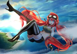 Rule 34 | 1girl, amano tora, bandaged arm, bandages, bare shoulders, black thighhighs, blue eyes, breasts, cleavage, cloud, fingerless gloves, flying, gloves, goggles, goggles on head, high heels, highres, island, kazenoko, leg up, lens flare, long hair, looking at viewer, low twintails, medium breasts, midriff, ocean, open mouth, original, red hair, shorts, sky, solo, striped clothes, striped thighhighs, sunrise, tank top, thighhighs, twintails, very long hair