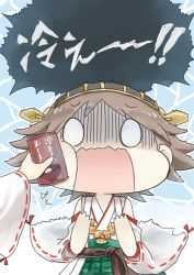 Rule 34 | 0 0, 10s, 2girls, bad id, bad pixiv id, brown hair, can, chibi, commentary request, detached sleeves, gloom (expression), hairband, hiei (kancolle), hinata yuu, holding, kantai collection, kongou (kancolle), multiple girls, nontraditional miko, open mouth, out of frame, plaid, plaid skirt, pleated skirt, pun, short hair, skirt, surprised, translated