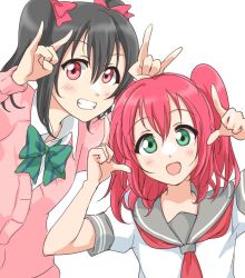 Rule 34 | 10s, 2girls, :d, \n/, black hair, bow, cardigan, green eyes, grin, hair bow, in-franchise crossover, kurosawa ruby, love live!, love live! school idol project, love live! sunshine!!, multiple girls, open mouth, red eyes, red hair, school uniform, serafuku, simple background, smile, tetopetesone, twintails, white background, yazawa nico