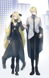 Rule 34 | 1boy, 1girl, black coat, black footwear, black pants, blonde hair, breasts, building, cityscape, cleavage, closed mouth, coat, creatures (company), cynthia (pokemon), full body, fur-trimmed coat, fur collar, fur trim, game freak, grey eyes, hair ornament, hair over one eye, hand on another&#039;s hand, highres, long hair, looking at viewer, mitsuha (bless blessing), necktie, nintendo, pants, pokemon, pokemon dppt, pokemon legends: arceus, shirt, small breasts, smile, volo (pokemon)