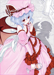 Rule 34 | 1girl, blue hair, blush, colored pencil (medium), colorized, cup, demon wings, dress, drinking glass, female focus, fingernails, frilled dress, frills, from above, hat, highres, licking, nail polish, onomachi (ted), pink dress, red eyes, red nails, remilia scarlet, sakino shingetsu, shadow, sharp fingernails, short hair, solo, tongue, touhou, traditional media, wine glass, wings