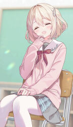 Rule 34 | 1girl, absurdres, blonde hair, blurry, blurry background, blush, cardigan, chair, closed eyes, hair ribbon, hand on lap, hand up, highres, indoors, long sleeves, neck ribbon, open mouth, original, pantyhose, ribbon, sailor collar, school uniform, short hair, sitting, skirt, smile, solo, two side up, vs0mr